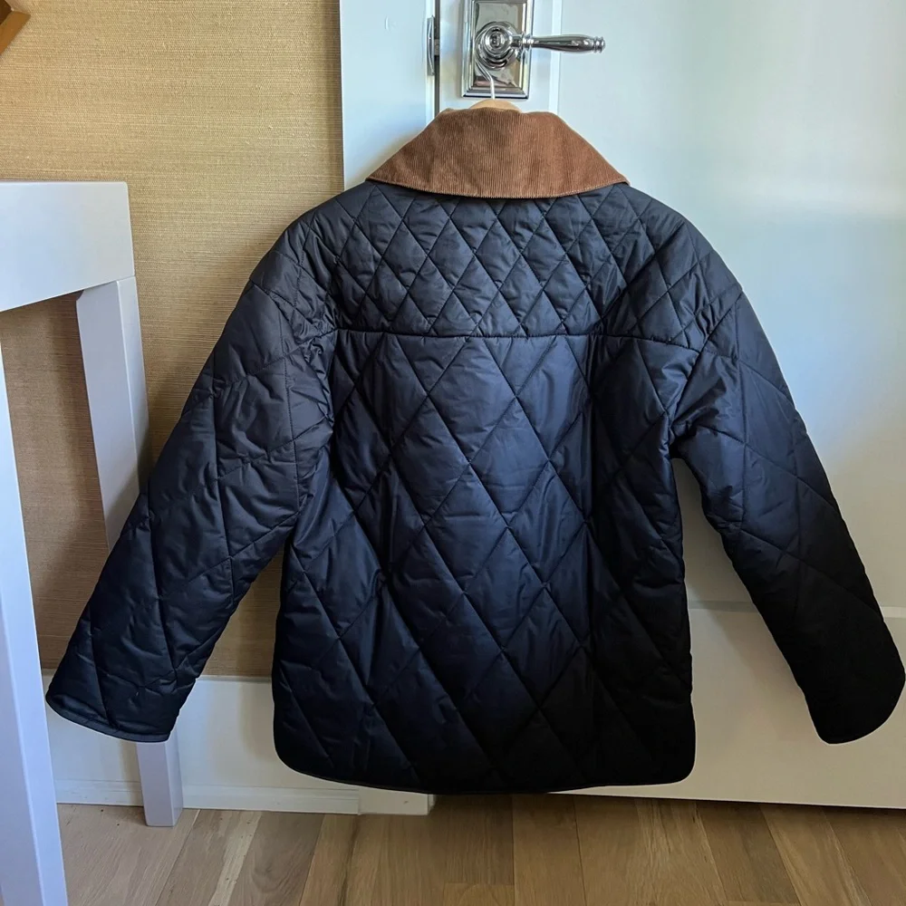 Barbour Black Quilted Puffer Jacket with Brown Cord Collar - Picture 5 of 8